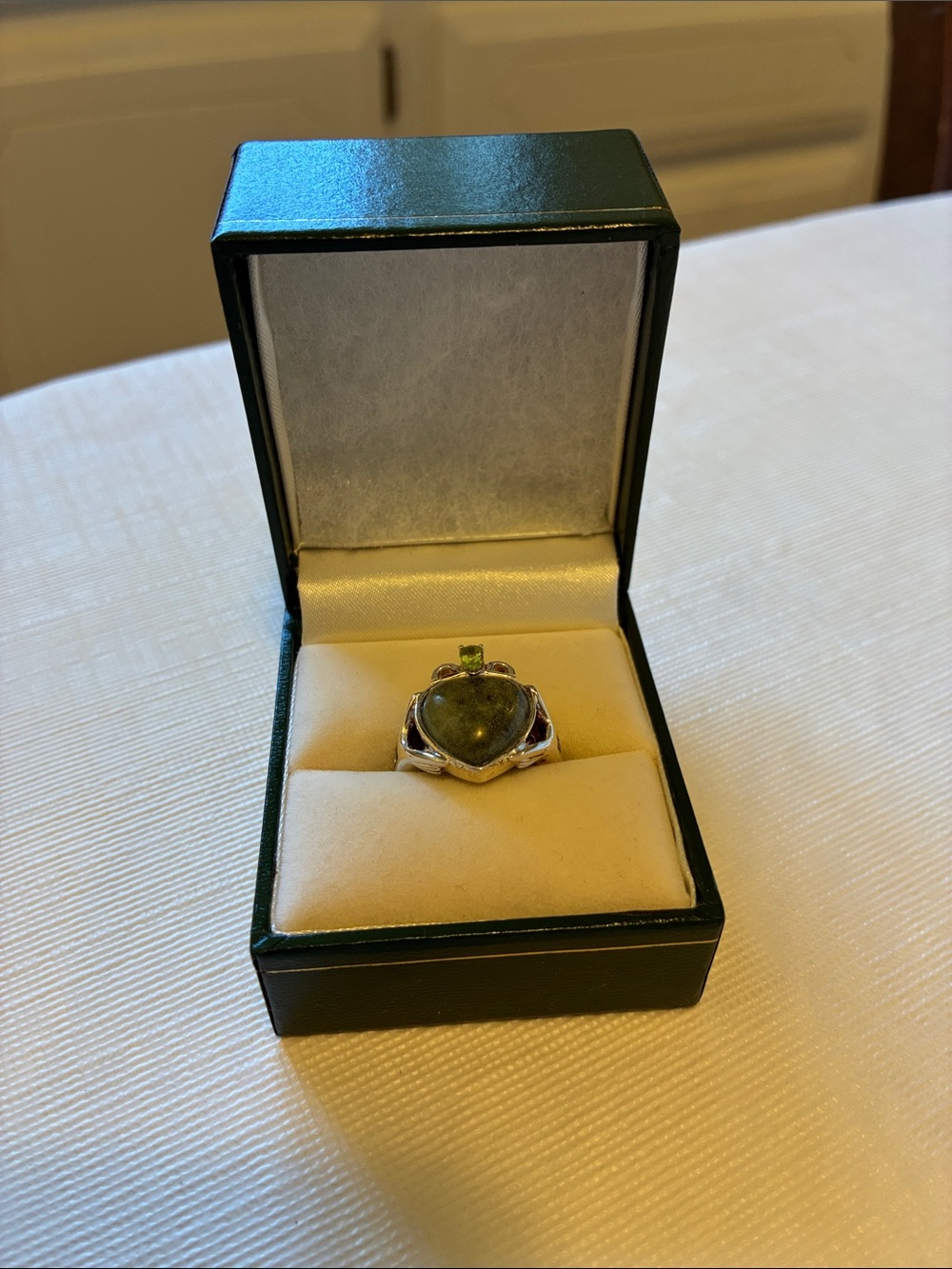Heart-Shaped Green Marble Ring with Peridot accents set in Sterling Silver